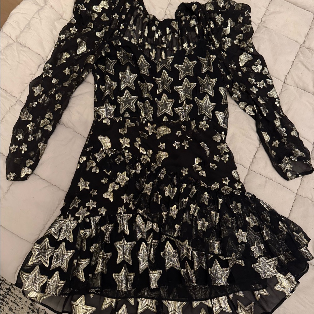 LoveShackFancy Black Long-Sleeve Star-Embroidered Ruffled Dress